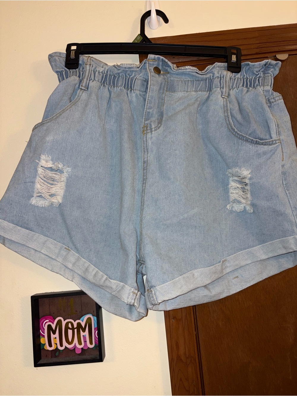 Light Blue Paperbag Waist Denim Shorts - Picture 2 of 3